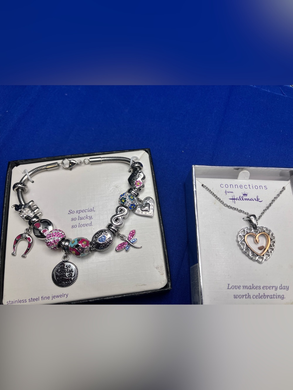 Hallmark Silver Bracelet with Pink and Blue Crystal Charms